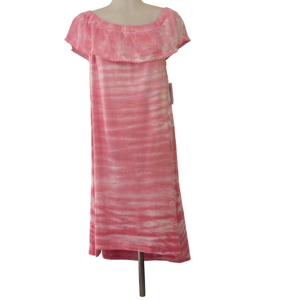 Style & Co Off The Shoulder Dress Womens Large Pink Tie Dye Boho Ruffle NWT